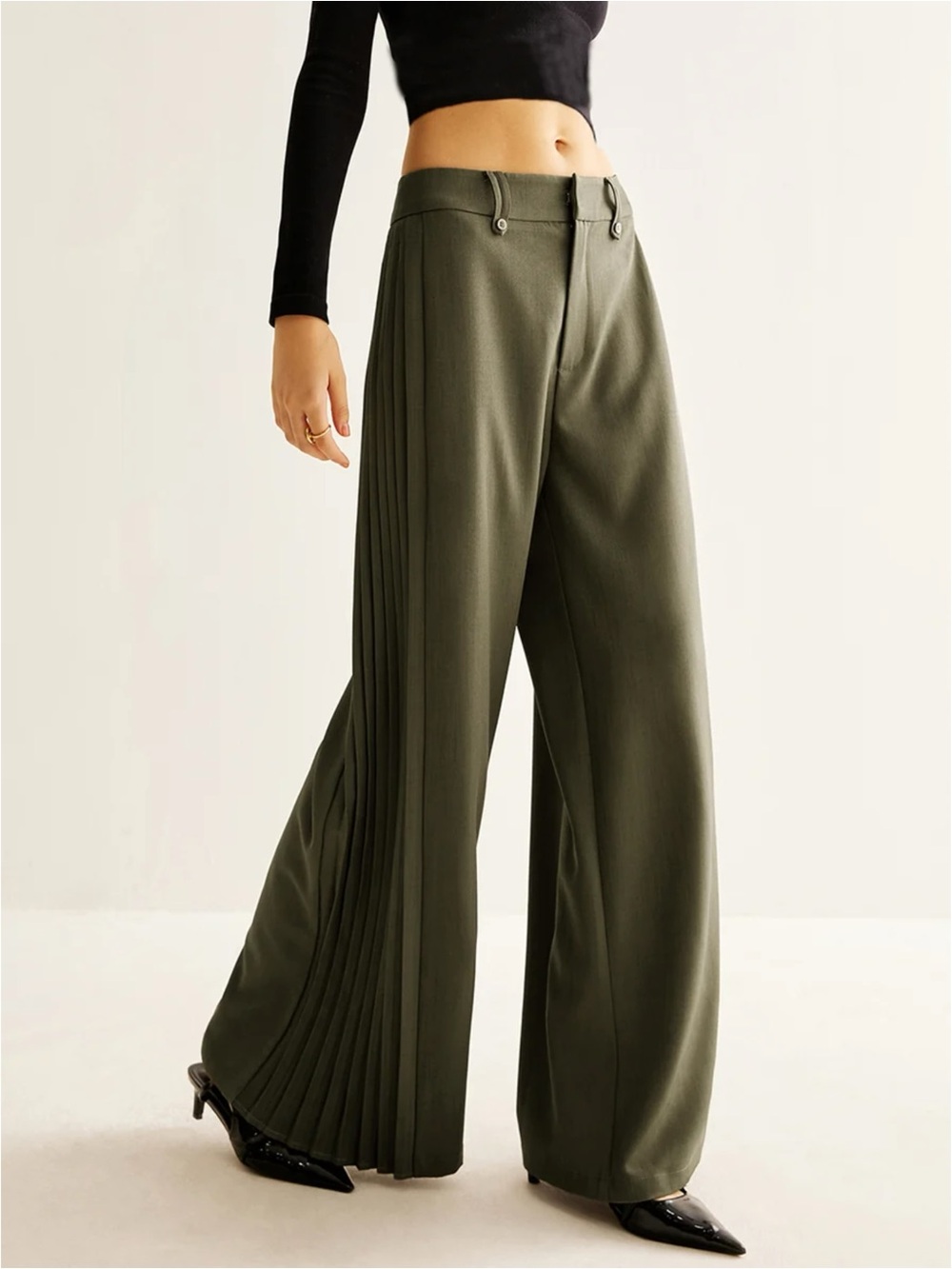COMMENSE | NWT Side Pleated Wide-Leg Pants in Army Green, Size XL